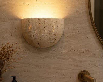 Travertine Stone Half Moon Wall Light | Wabi-Sabi Natural Sconce, Warm White LED (20cm)