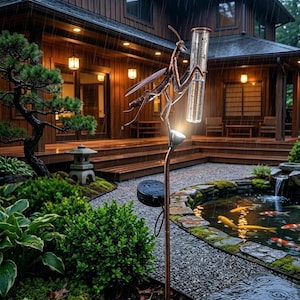 May include: A copper-colored metal praying mantis garden stake featuring a clear glass rain gauge tube with visible measurement markings. The decorative garden ornament is mounted on a thin metal pole with a small solar light fixture attached.