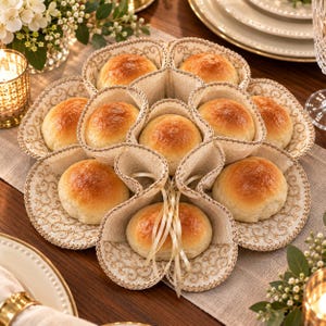 May include: A circular fabric bread warmer with eight individual compartments, each holding a golden-brown dinner roll. The beige fabric features an intricate gold embroidered scroll pattern along the edges and includes thin ribbon ties.