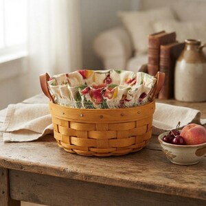 Puede incluir: Una cesta redonda de madera trenzada con acabado marrón claro, que cuenta con dos asas de cuero beige sujetas por remaches metálicos. El interior está forrado con una tela color crema decorada con un patrón colorido de manzanas rojas y hojas verdes.