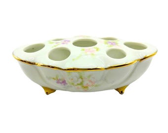 Portapintalabios de porcelana vintage firmado / Organizador de tocador rosa pastel / Decoración floral romántica