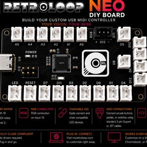 May include: Black Retroloop Neo DIY board with white connectors, text, and a logo. Features include RGB connection, chainable LED, and easy connections. Build your custom USB MIDI controller.