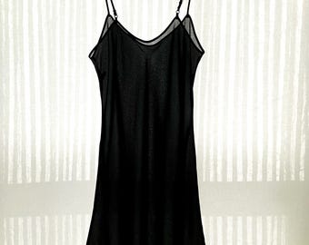Black Sheer Midi Slip Dress • Bias Cut • 90s Minimal Layering • Made in USA