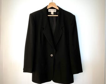 90s Black Worsted Wool Blazer • Evan Picone Minimalist Tailored Jacket • Women's Size 14 • Vintage