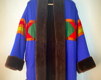 90s Anna Tijan Reversible Geometric Coat • Designer Faux Fur Colorblock • Kenar Hong Kong • Size S Oversized
