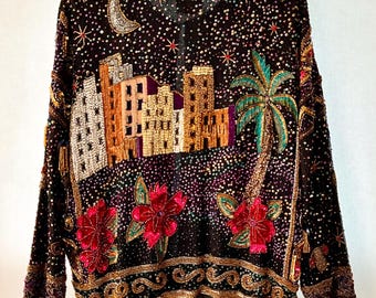 90s Beaded Silk Jacket • Celestial Moon & Stars Skyline • Vintage Together!