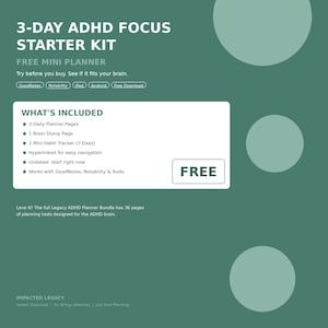 Puede incluir: Un gráfico verde azulado con el texto "3-DAY ADHD FOCUS STARTER KIT" y "FREE MINI PLANNER". La imagen enumera los elementos incluidos: páginas de planificación diarias, una página de lluvia de ideas y un rastreador de hábitos. La palabra "FREE" está en un cuadro blanco.