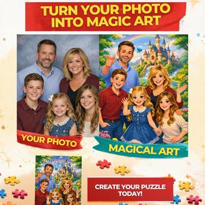 May include: An advertisement for a customized puzzle service. The image shows a family photo next to a digitally enhanced version of the same photo, with the text "CUSTOMIZED PUZZLE" and "TURN YOUR PHOTO INTO MAGIC ART". A completed puzzle is also shown.