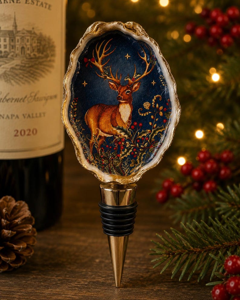 May include: A bottle stopper featuring a decorative oyster shell top with a painted scene of a brown deer standing among red holly berries against a dark blue starry background. The shell has a gold-painted rim and a metallic base with black rings.