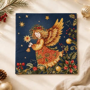 Opulent Christmas Napkin for Decoupage, Angel or Reindeer Cocktail Napkin, Blue & Gold Holiday Paper Napkin, Christmas Craft Supply Angel