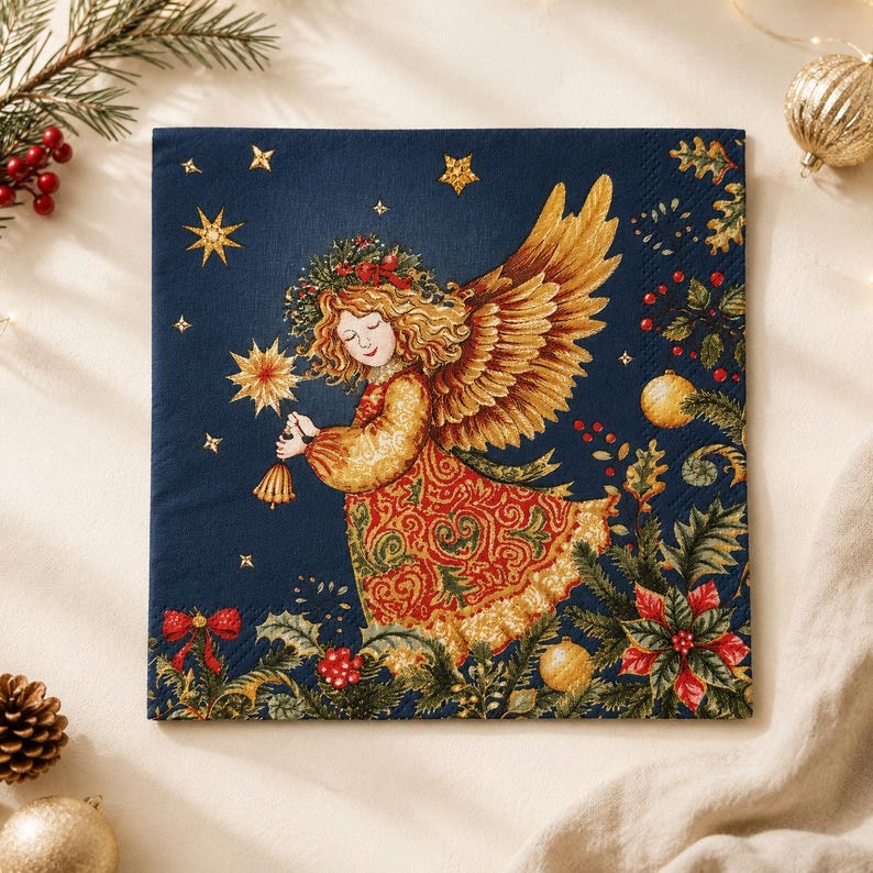 Opulent Christmas Napkin for Decoupage, Angel or Reindeer Cocktail Napkin, Blue & Gold Holiday Paper Napkin, Christmas Craft Supply Angel
