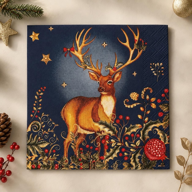 May include: A square paper napkin featuring a dark navy blue background with a central illustration of a brown deer with large antlers. The deer is surrounded by red berries, green holly leaves, a pomegranate, and small gold stars.