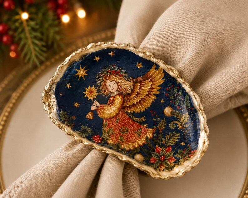 May include: A decorative oyster shell napkin ring featuring a painted illustration of an angel with golden wings and a patterned dress against a dark blue starry background with holly and poinsettia accents, finished with a gold-painted scalloped edge.