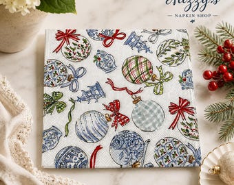 Blue & White Christmas Ornament Napkin – Vintage Holiday Baubles for Decoupage and DIY Crafts