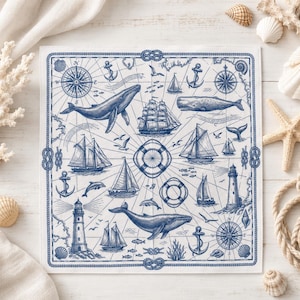 May include: A square white fabric featuring a detailed blue nautical print. The design includes illustrations of whales, various sailing ships, lighthouses, anchors, compass roses, lifebuoys, and seashells, all enclosed within a rope-patterned border.