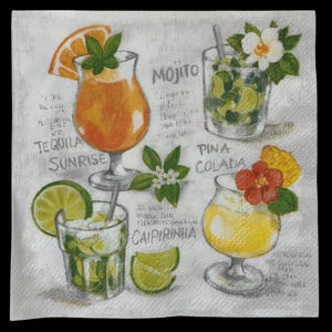 May include: A white cocktail napkin featuring illustrations of four different cocktails: Tequila Sunrise, Mojito, Caipirinha, and Pina Colada. Each drink is depicted in a glass with garnishes like orange slices, lime wedges, and flowers. Handwritten text labels each drink.