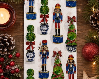 Blue & White Nutcracker Christmas Tri-Fold Decoupage Napkin. Chinoiserie Holiday Style for Oyster Shells, Ornaments and DIY Crafts