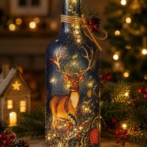 May include: A dark blue glass bottle illuminated by internal string lights, featuring a printed illustration of a brown deer with antlers surrounded by red berries and foliage. The bottle neck is wrapped in twine with a small pine and berry accent.