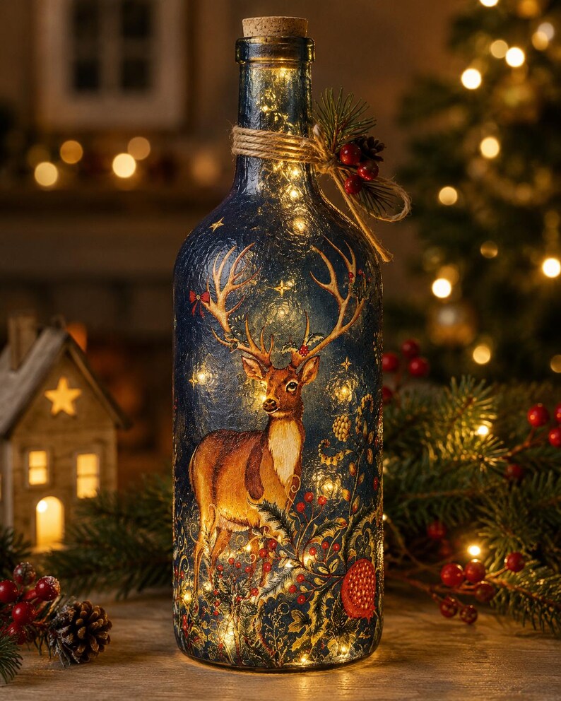 May include: A dark blue glass bottle illuminated by internal string lights, featuring a printed illustration of a brown deer with antlers surrounded by red berries and foliage. The bottle neck is wrapped in twine with a small pine and berry accent.
