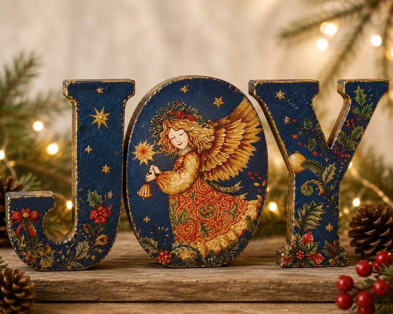 May include: A decorative wooden sign spelling the word JOY in dark blue. The letter O is an oval featuring an illustration of an angel with golden wings and a patterned dress, surrounded by stars, holly leaves, and red berries on all letters.