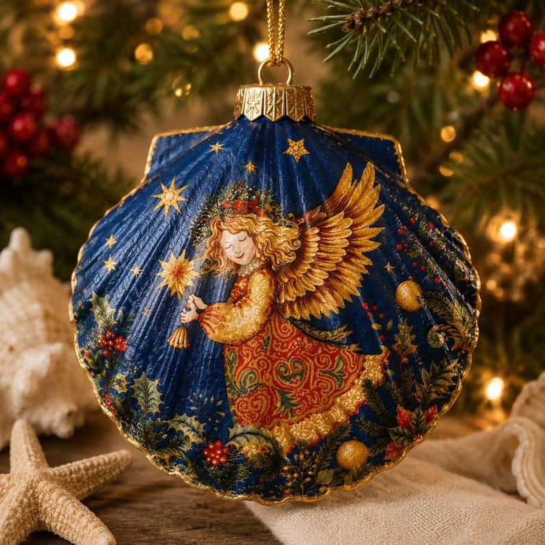 May include: A scallop shell Christmas ornament featuring a deep blue background with a painted angel holding a star. The angel has golden wings and a patterned red and gold dress. The shell is decorated with gold stars, holly, and berries.