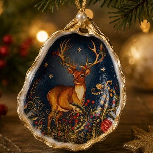 May include: A decorative oyster shell ornament featuring a painted scene of a brown deer with antlers standing among red berries and foliage against a dark blue background. The shell edges are gilded in gold, and it hangs from a gold cord with a pearl.