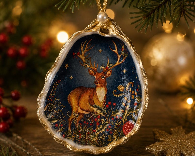 May include: A decorative oyster shell ornament featuring a painted scene of a brown deer with antlers standing among red berries and foliage against a dark blue background. The shell edges are gilded in gold, and it hangs from a gold cord with a pearl.