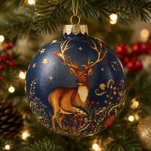 May include: A spherical Christmas ornament in deep navy blue featuring a detailed illustration of a brown deer with large antlers. The design includes gold stars, red berries, and green foliage accents, topped with a metallic gold cap and loop.