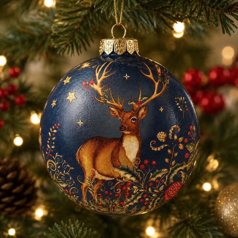 May include: A spherical Christmas ornament in deep navy blue featuring a detailed illustration of a brown deer with large antlers. The design includes gold stars, red berries, and green foliage accents, topped with a metallic gold cap and loop.