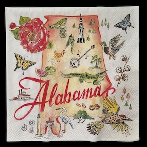 May include: A square paper napkin featuring a watercolor illustration of the state of Alabama. The design includes a large red camellia, a banjo, a green alligator, a steamboat, a lighthouse, a heron, a woodpecker, butterflies, and the word Alabama.