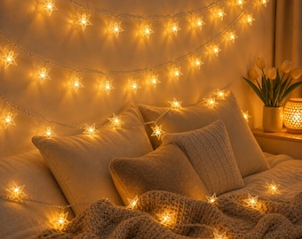Guirnalda de luces con forma de estrella, luces LED cálidas, decoración de pared para dormitorio, iluminación acogedora para habitaciones.