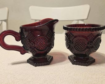 Avon Cape Cod Ruby Red Creamer Sugar Bowl Set Vintage 1876 Collection Diamond Pattern Footed Glass Farmhouse Holiday Table Decor Gift