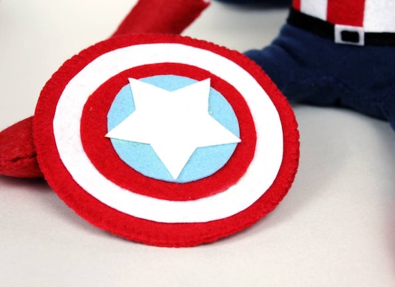 Star Shield White A Blue Sock Monkey-Captain America-USA-Handmade-Superhero-Comic-Book-Character-Monkey-Plush-Red Wings