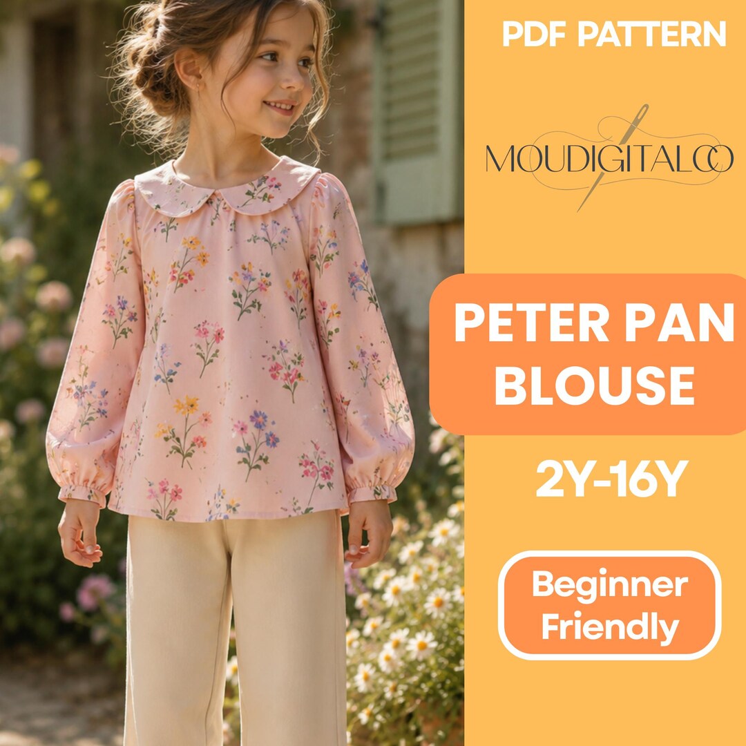 Girls Blouse Sewing Pattern, Peter Pan Collar Long Sleeve Top PDF ...