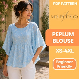 May include: A light blue peplum blouse with a floral pattern and wide sleeves. The image includes the text "PDF Pattern," "MouDigitalCo," "Peplum Blouse," "XS-4XL," and "Beginner Friendly."