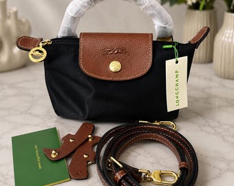 Longchamp Mini Schwarz Crossbody Tasche, Elegante Schulter Geldbörse, Abnehmbare Riemen Handtasche, Schickes Jeden Tag Frauen Tasche Geschenk