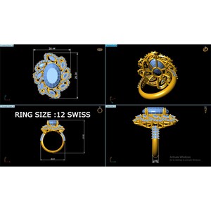 May include: A detailed rendering of a gold ring with a large, oval-shaped blue gemstone at the center, surrounded by smaller gemstones. The ring design includes intricate filigree and a band with additional embellishments. The ring size is 12 Swiss.