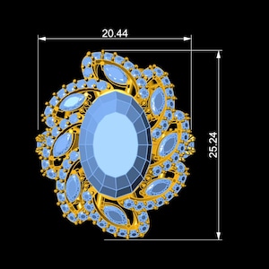 May include: A detailed illustration of a gold-colored ring with a large, light blue oval-shaped gemstone at the center. The ring is adorned with smaller, light blue gemstones and measures 0.80 inches wide and 0.99 inches tall.