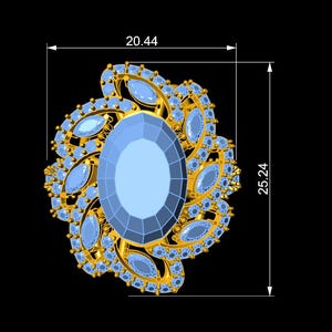 Puede incluir: Ilustración detallada de un anillo dorado con una gran gema ovalada azul claro en el centro. El anillo está adornado con gemas azules claras más pequeñas y mide 20,44 mm de ancho y 25,24 mm de alto.