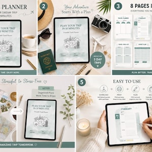 Peut inclure: Un planificateur de voyage numérique affiché sur une tablette, avec le texte "Planifiez votre voyage en 10 minutes". L'image comprend un passeport, un appareil photo et des illustrations sur le thème du voyage. Le planificateur promet d'aider à organiser les voyages et comprend 8 pages.
