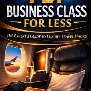 Op de afbeelding: Boekomslag met de titel "FLY BUSINESS CLASS FOR LESS" in gouden en witte letters. De afbeelding toont een luxe vliegtuigstoel met uitzicht op een zonsondergang, een glas champagne en een koptelefoon.