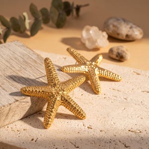 Waterproof Starfish Earrings – Tarnish Free Gold Stainless Steel Studs, Swim Proof Vacation Jewelry, Chunky Boho Statement Earrings
