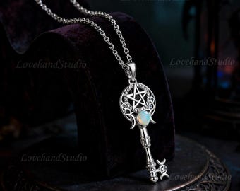 Triple Moon Goddess Key Necklace: Opal Zircon Pentagram Pendant, Pagan Wiccan Jewelry