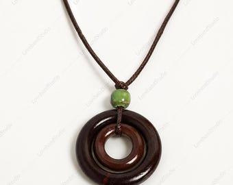 Houten cirkel keramische hanger: verstelbare boho-sieraden van rustiek koord