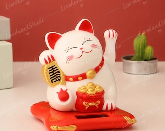 Zwaaiend kattenornament Maneki Neko op zonne-energie: Lucky Wealth Desktop Decor