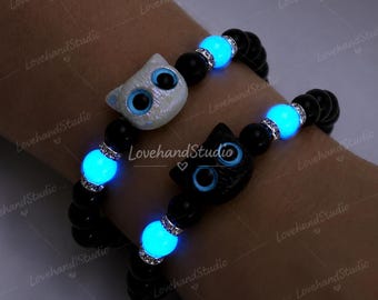 Pulseras a juego para parejas de gatos, joyas de amistad luminosas que brillan en la oscuridad.