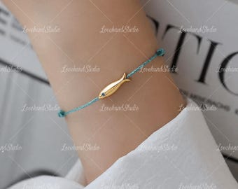 Pulsera Boho con dije de pez, hecha a mano con cuerda roja ajustable, joyería de metal con animales azules