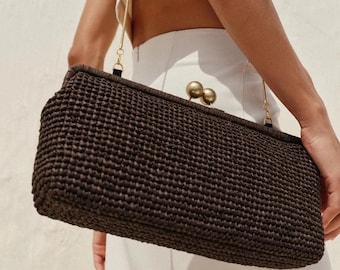 Modieuze Kisslock-tas van stro met geweven schaal en crossbody-strandhandtas