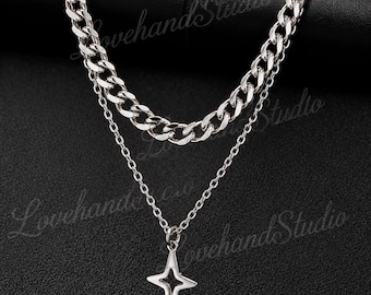 Gelaagde roestvrijstalen chokerset met sterhanger - Unisex streetwear-sieraden