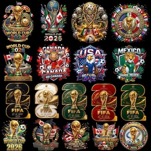 Może przedstawiać: Kolekcja dwudziestu projektów graficznych przedstawiających trofeum Mistrzostw Świata FIFA 2026, piłki nożne oraz flagi narodowe USA, Kanady i Meksyku. Ilustracje zawierają maskotki, takie jak łoś, orzeł i jaguar, wraz z pogrubionym tekstem.